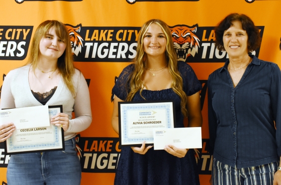 Greater Lake City Community Foundation Nursing Scholarship, $1,500 each. From left are recipients Alyvia Schroeder and Cecelia Larson with presenter Beth Krehbiel.