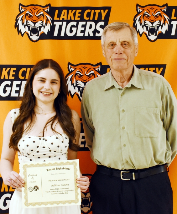 Goodhue County Cooperative Electric, $500. From left are recipient Addison Cichosz and presenter Ed Bauman.